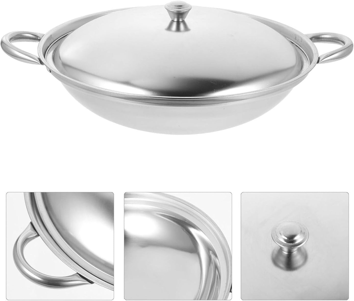PRETYZOOM Stainless Steel Wok with Lid, Nonstick Everyday Pan with Dual Handle, 9 Inches Shabu Shabu Pot