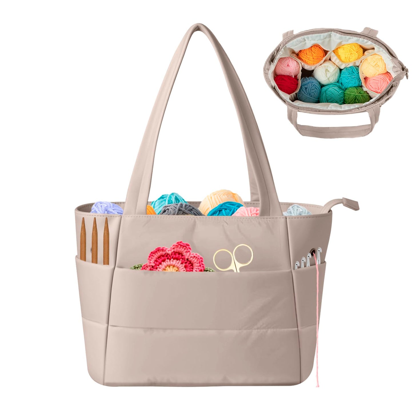 Crochet Bag for Yarn Storage, Puffer Knitting Bag with Soft Handles, Lightweight Yarn Storage Organizer with Zipper for Crochet Accessories, Gifts for Crocheters (Brown)