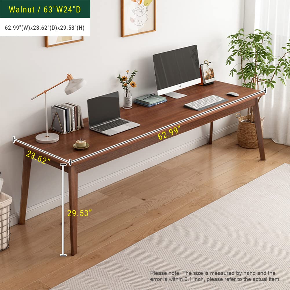 NELYE Mid-Century Long Desk Table - 63" Simple Modern Extra Long 2-Person Wood Computer Workstation for Home Office Work in Walnut, 63" W x 24" D