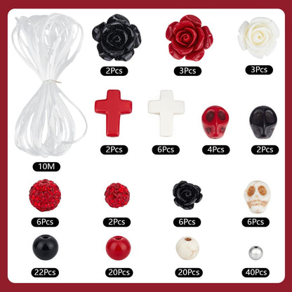 SUNNYCLUE 1 Box DIY 6 Sets Bracelet Making Kits Gothic Halloween Beads Black Red Skull Cross Beads Polymer Clay Rhinestone Loose Spacers for Jewelry Making Kits Crafts Gift Women Adults Supplies