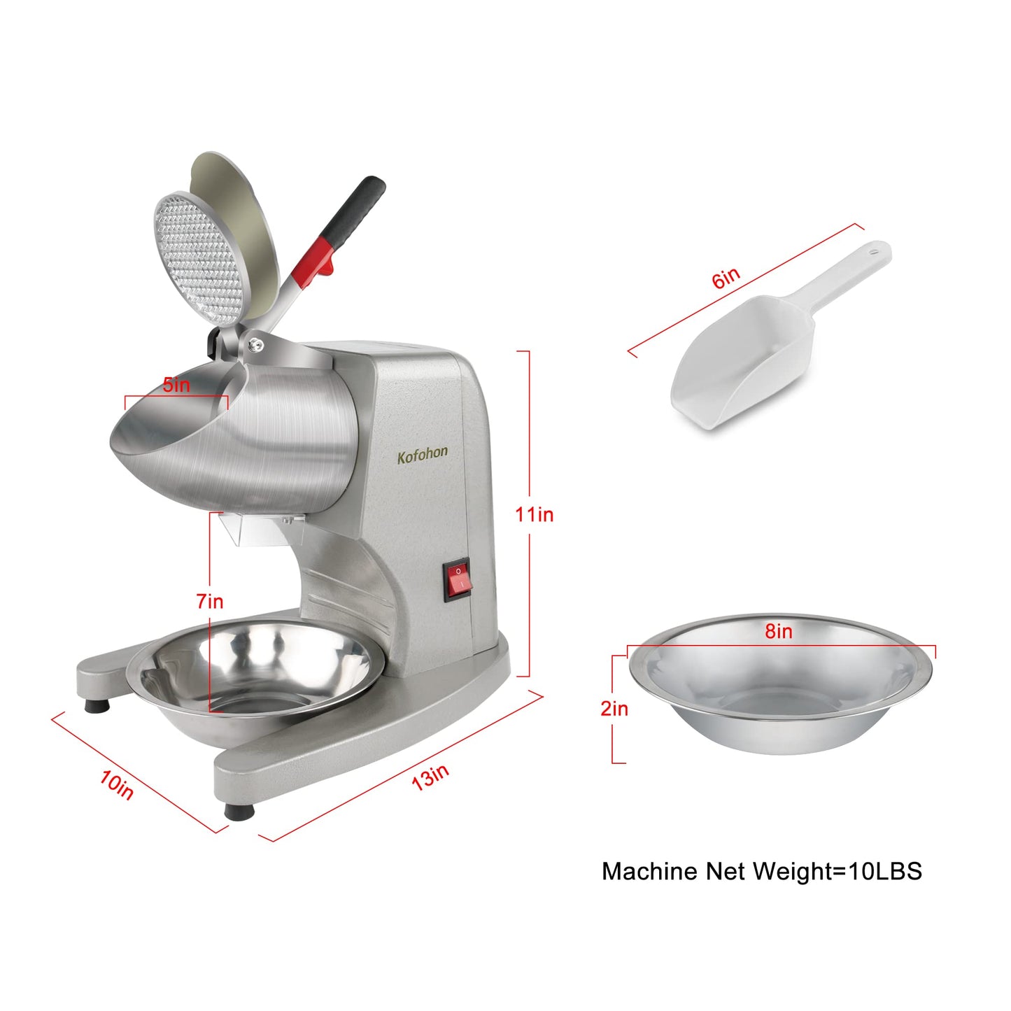KOFOHON Electric Ice Shaver,Shaved Ice Machine Strong Powerful For Home&Commercial Use,Steel Ice Crusher With Dual Blades&Lips,Higher Ice Outlet for Plate,Bowl&Cup,300W/2200rpm/220lbs/hrs.