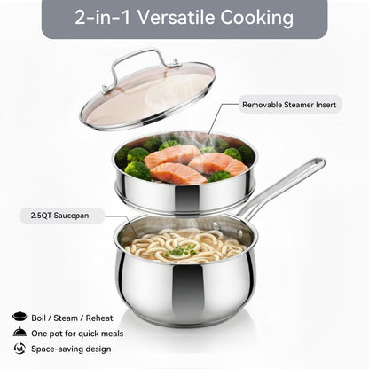 Boryenty 2.5QT Stainless Steel Saucepan with Steamer Basket and Glass Lid, 18/8 Food Grade Small Soup Pot with Steamer Insert, Induction Compatible, Heavy Duty Multi-Purpose Pot for Cooking & Steaming