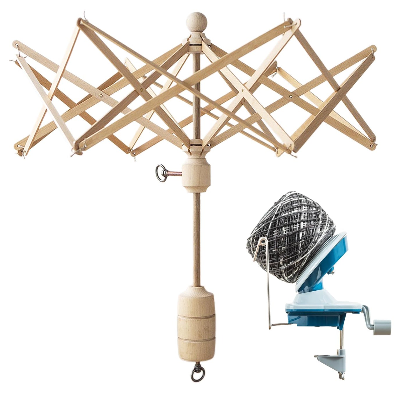 Knit Picks Yarn Winding Bundle - Yarn Ball Winder (Blue) and Birch Wooden Yarn Swift