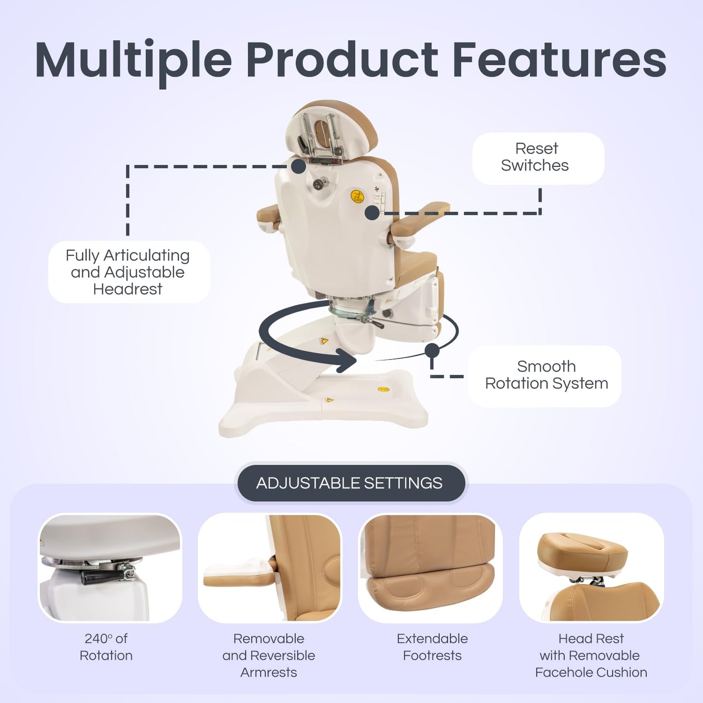 Spa Luxe - Professional Facial, Massage, and Medi Spa Exam Chair for Esthetician - All-Electric 4-Motor Procedure Table with 240° Swivel and Adjustable Headrest - 440lb Capacity, (Sand)