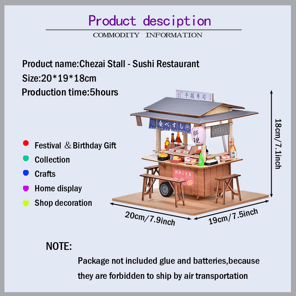 DIY Japanese Sushi Restaurant Food Truck Architectural Model Miniature Dollhouse Kit 3D Wooden Puzzle Mini Dollhouse with LED Lights and Dust Cover for Friends and Family