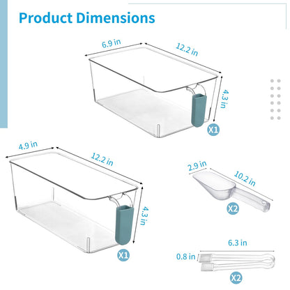 2 Pcs Ice Bin with Scoop and Tong, Ice Bucket with Handle for Freezer, 2 Sizes Clear Plastic Ice Container for DIY Drink Summer Party, 12.2 x 6.9 x 4.3 in, 12.2 x 4.9 x 4.3 in, Cyan