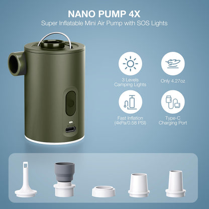 Portable Air Pump for Inflatables, Ultra-Mini Air Mattress Pump 4X with 1600mAh Battery & Camping Light, USB Rechargeable Air Pump for Swimming Rings, Pool Floats, Sleeping Pads, Vacuum Storage Bags