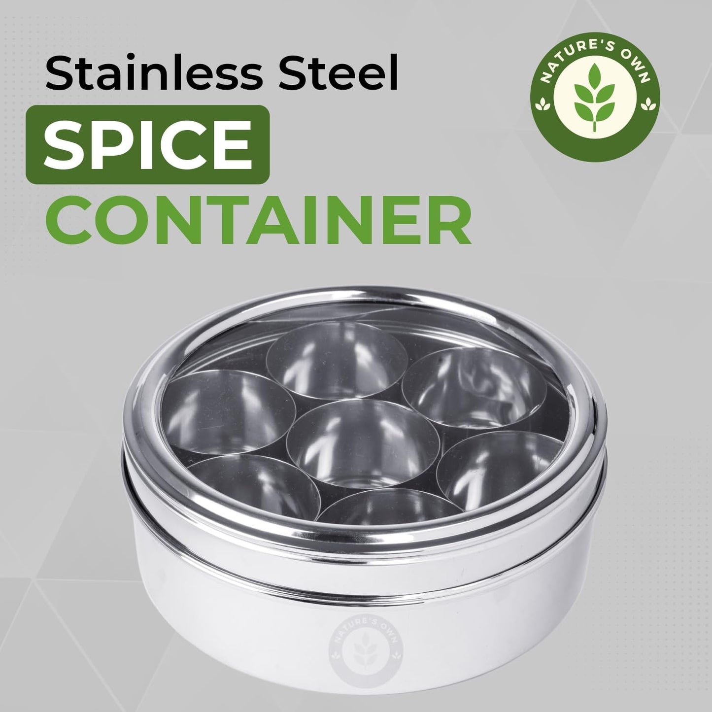 Nature's Own Stainless Steel Spice Box with Non-Breakable Transparent Glass, 7 Containers and 1 Spoon, Spice Box (22CM)