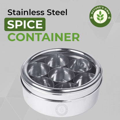 Nature's Own Stainless Steel Spice Box with Non-Breakable Transparent Glass, 7 Containers and 1 Spoon, Spice Box (22CM)