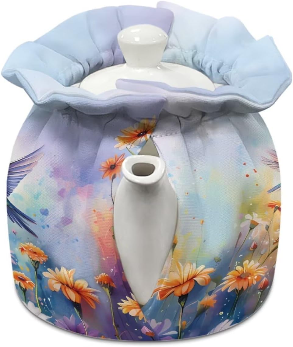 Floral Hummingbird Tea Cozy for Teapot, Kitchen Kettle Cover, Soft Cloth Dust Cover for Coffee Pot and Tea Pot