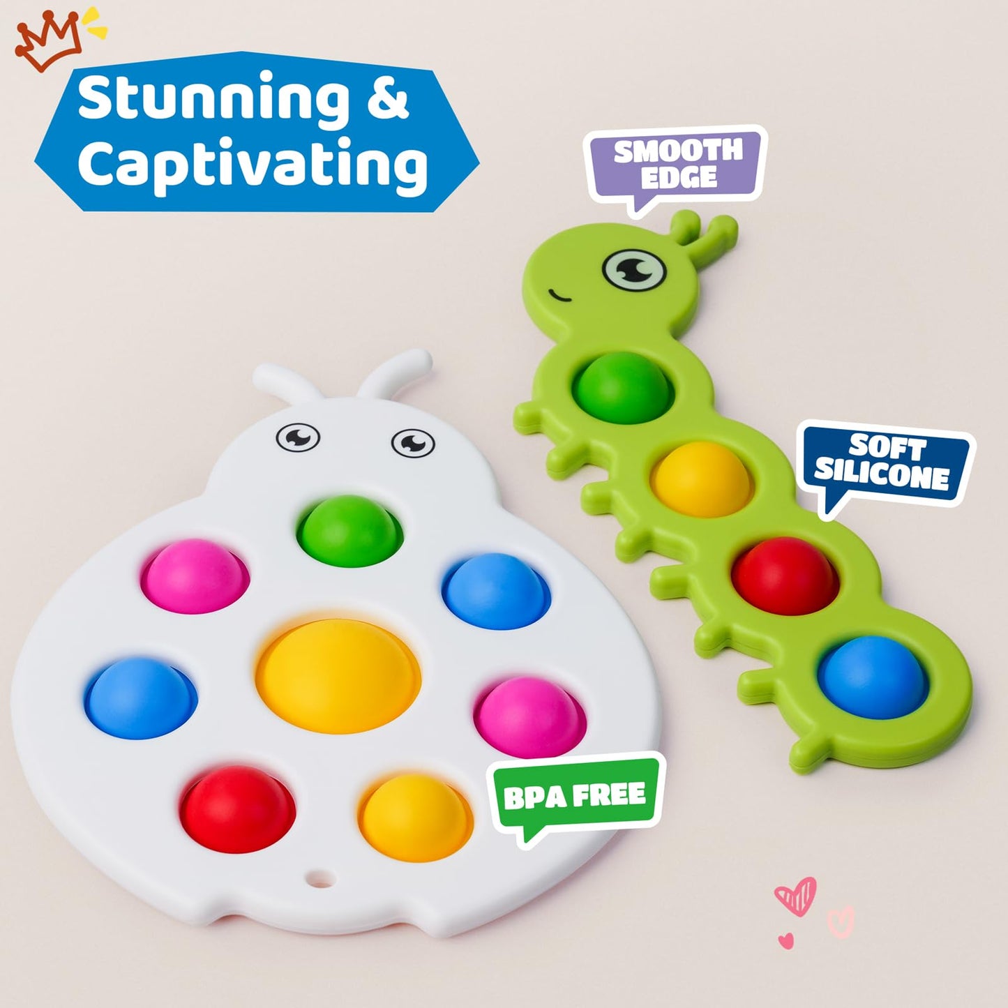 LiKee Fidget Popper Sensory Baby Toys for 10+ Months, Montessori Busy Toy for 1 2 3 Years Old Toddlers Push and Popping Bubbles Fine Motor Skill, Travel Toys for Kids Ages 1-3 Stress Relief (2 Pieces)