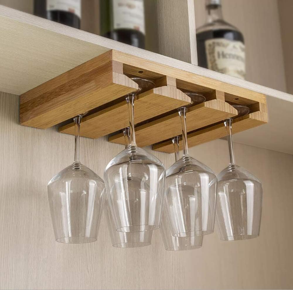 RIIPOO Bamboo Wine Glass Rack Hangers, Under Cabinet Holders for Home Kitchen & Bar Storage