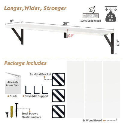 Forbena White Floating Book Shelves for Wall, 36 Inches Long Wall Shelves with Metal Brackets for Bedroom, Large Floating Bookshelf Bookshelves for Living Room Office Classroom (White Wood)