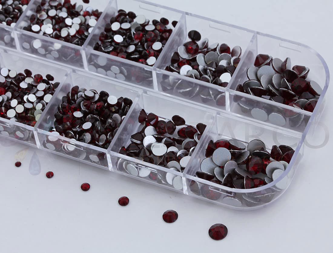 Over 2100 Pieces Red Ruby Garnet Flat Back Glass Rhinestones Crystals for Nail Art Kit 6 Sizes (1.4mm - 4.8mm)