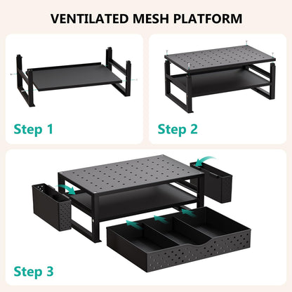WALI Monitor Stand Riser with Drawer and 2 Pen Holders, Desk Organizers and Accessories for Computer, Printer, Laptop Stand for Home Office Supplies, (PTT004-B), 1 Pack, Black