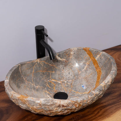 Golden Gray Marble Vessel Sink, Hand-Carved Canoe-Shaped Bathroom Sink in Solid Natural Marble, Beige with Gold & Gray Earth Tone Veins – Modern Rustic Countertop Sink
