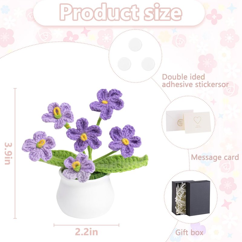 LAIDANLA Crochet Flowers Forget Me Not, Mini Gradient Purple Crochet Flower Potted Plant for Desk, Handmade Anniversary Birthday Graduation Gifts for Women Teacher Mom Friend