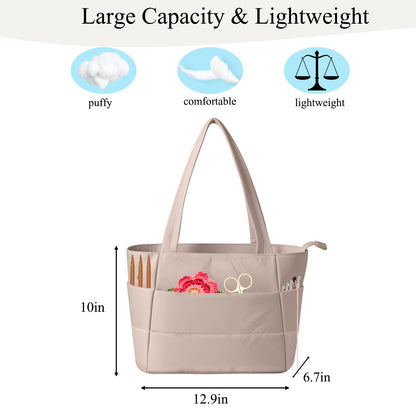 Crochet Bag for Yarn Storage, Puffer Knitting Bag with Soft Handles, Lightweight Yarn Storage Organizer with Zipper for Crochet Accessories, Gifts for Crocheters (Brown)