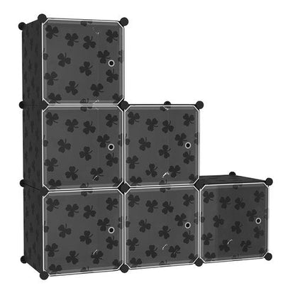 C&AHOME Cube Storage Organizer with Doors, 6-Cube Shelves, DIY Plastic Modular Bookshelf, Closet Clothes Storage Shelving Ideal for Bedroom, Living Room, Clover Embossed, Black