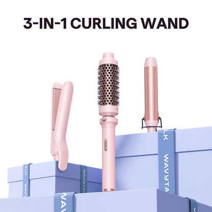 Wavytalk 3 in 1 Curling Wand Set, Multi Curl, Curling Iron Set with Heated Round Brush, Flat Iron Hair Straightener, 1 1/4 inch Curling Iron, Dual Voltage Hair Curler(Pink)