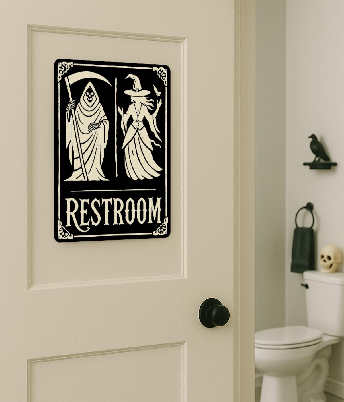 Halloween Bathroom Decor Sign – Grim Reaper & Witch Wall Art, Spooky Restroom Decor, Funny Gothic Metal Plaque 11x8.3 in, Occult, Witchy, Horror Home or Goth Bathroom Decor by Opix Design