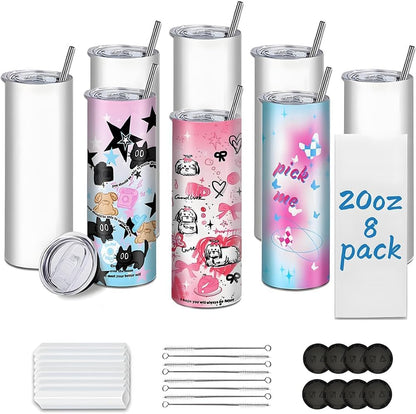 Kocdam Sublimation Tumblers, 20 oz Skinny Straight Sublimation Tumbler with Lids and Straws Bulk (8 Pack)