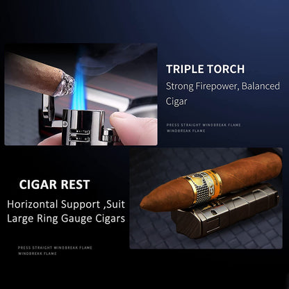 Torch Lighter Triple Jet Flame Refillable Butane Cigar Lighter Windproof Lighter with Cigar Punch Rest Holder - Butane Not Included (Gunmetal)