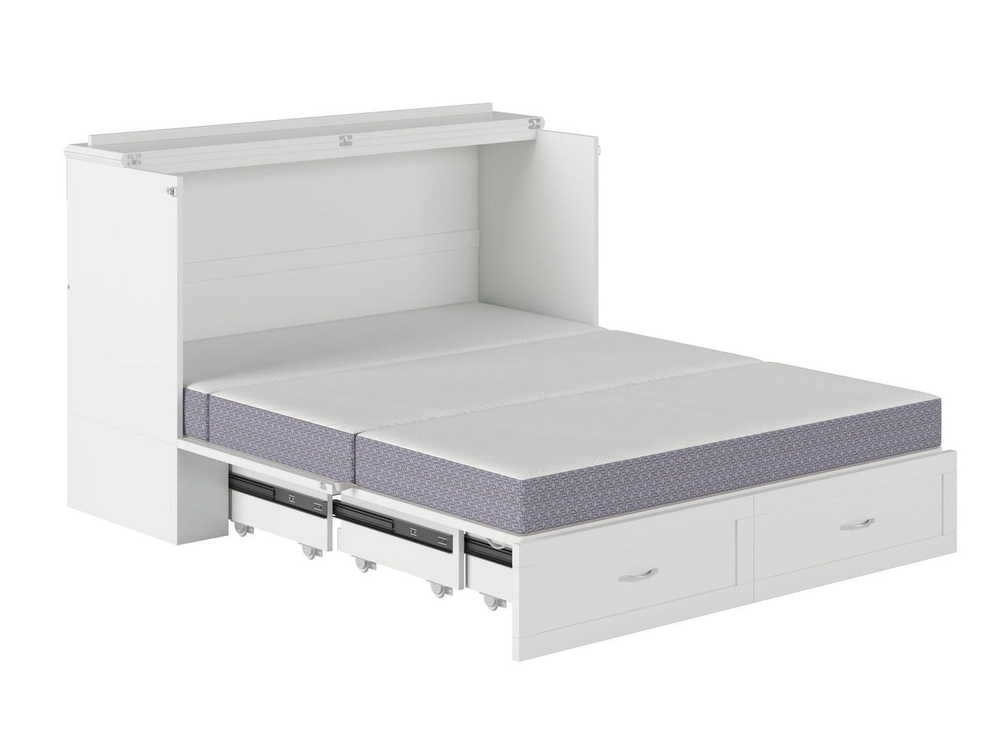 Modern Queen Size Murphy Bed Chest with Mattress, Storage, and Built-in Charger in White