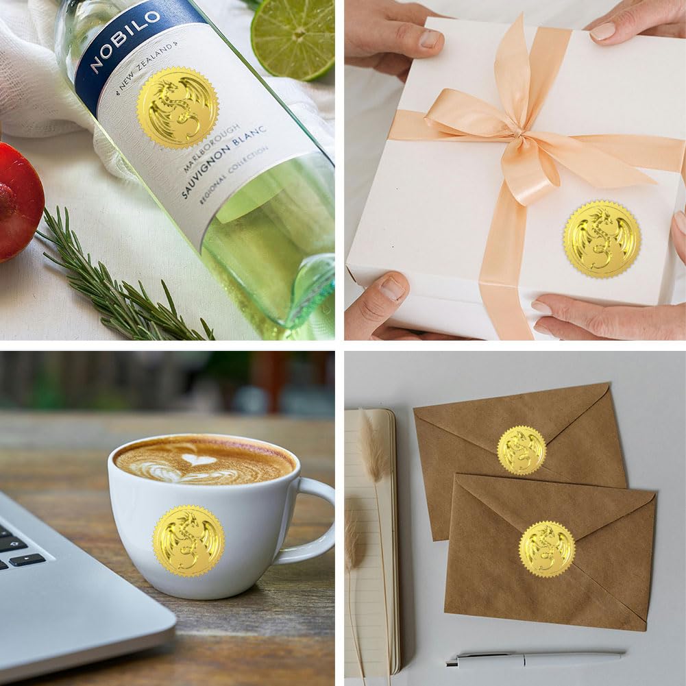 WADORN 100Pcs 2'' Dragon Embossed Gold Foil Seals, Self Adhensive Animal Round Gold Seals Sticker Labels Vintage Dragon Sticker for Envelopes Invitation Card Diplomas Awards Graduation
