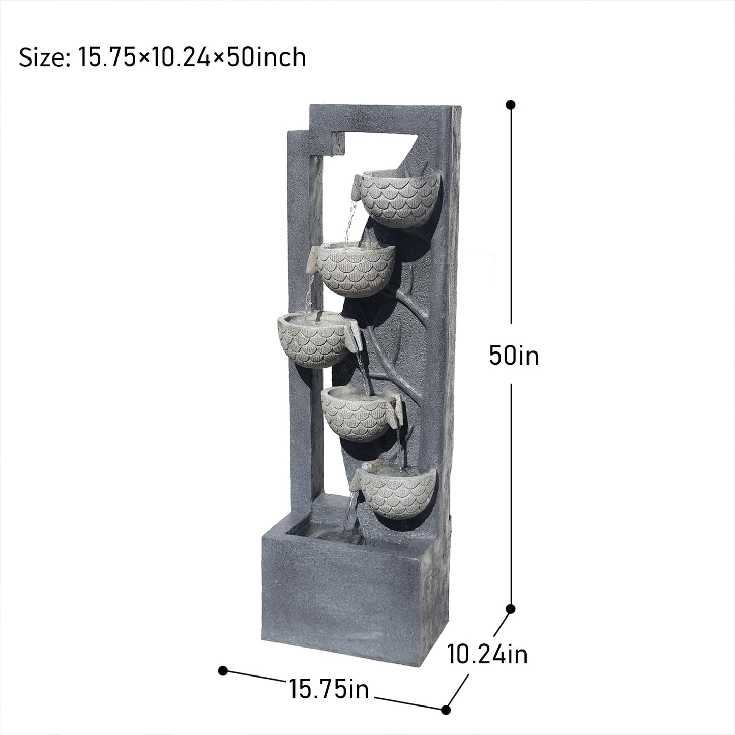 49.61’’H Waterfall Garden Fountain Outdoor 6-Tiered Modern Floor Standing Water Fall Fountains Indoor Cascading Bowl Water Feature with LED Lights Natural Stones for Living Room Office Home Decor