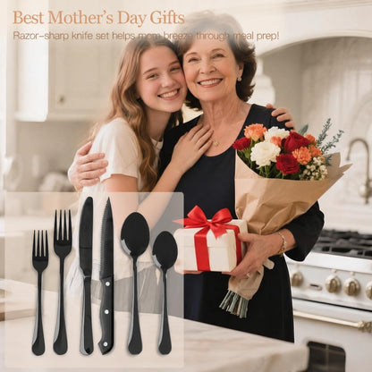 Astercook 24-Piece Black Silverware Set with Steak Knives Flatware Set for 4 Food-Grade Stainless Steel Cutlery Set Mirror Polished Utensils Set Include Spoons and Forks for Home Gifts for Women