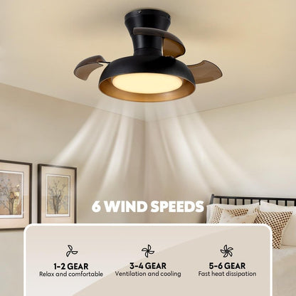 APBEAMLighting 23 Inch Black and Gold Ceiling Fan with Light and Brown Retractable Blades Small Led Light Fixture Ceiling Modern Fandelier Fan Lights Cei ling Fixtures for Bedroom Dining Room Kitchen