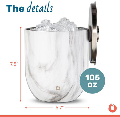 Snowfox Plus - Insulated Ice Bucket with Lid/Scoop, Premium Vacuum Insulated Stainless Steel Ice Buckets for Parties, Ice Box, Home Bar Accessories, Parties Supplies, Bar Decor, 3L, Marble