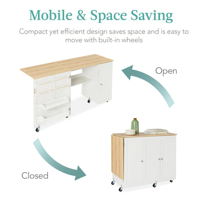 Best Choice Products Large Folding Sewing Table, Multipurpose Portable Craft Station & Side Desk w/Compact Design, Caster Wheels, Storage Shelves, 2 Storage Trays, Magnetic Doors - Natural/White