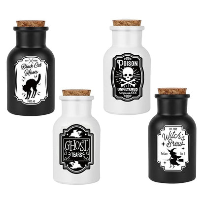 Sarybei Halloween Decorations for Home - Set of 4 Apothecary Potion Bottles with stickers - Scary Witch Poison Ghosts Black Cat Farmhouse Tiered Tray Decor For Home Table Party Supplies