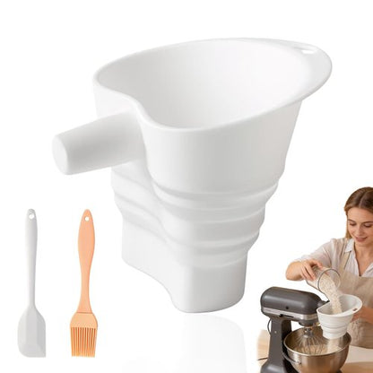 Flour Funnel for Kitchen Aid Mixer, Silicone Funnel with Spatula and Flour Brush, Anti-Splash Attachment for Kitchen Aid Artisan KSM150 5-Quart Tilt-Head Mixer, No-Mess Pouring Baking Tool (White)