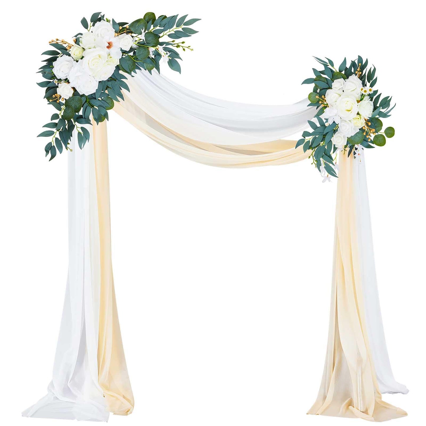 Thiccywoov 4 Pcs Wedding Arch Flowers and Drape Kit Include 2 Artificial Floral Swag and 2 White Chiffon Drapes, Faux Flower Set for DIY Wedding Party Reception Ceremony Backdrop Rose Decoration