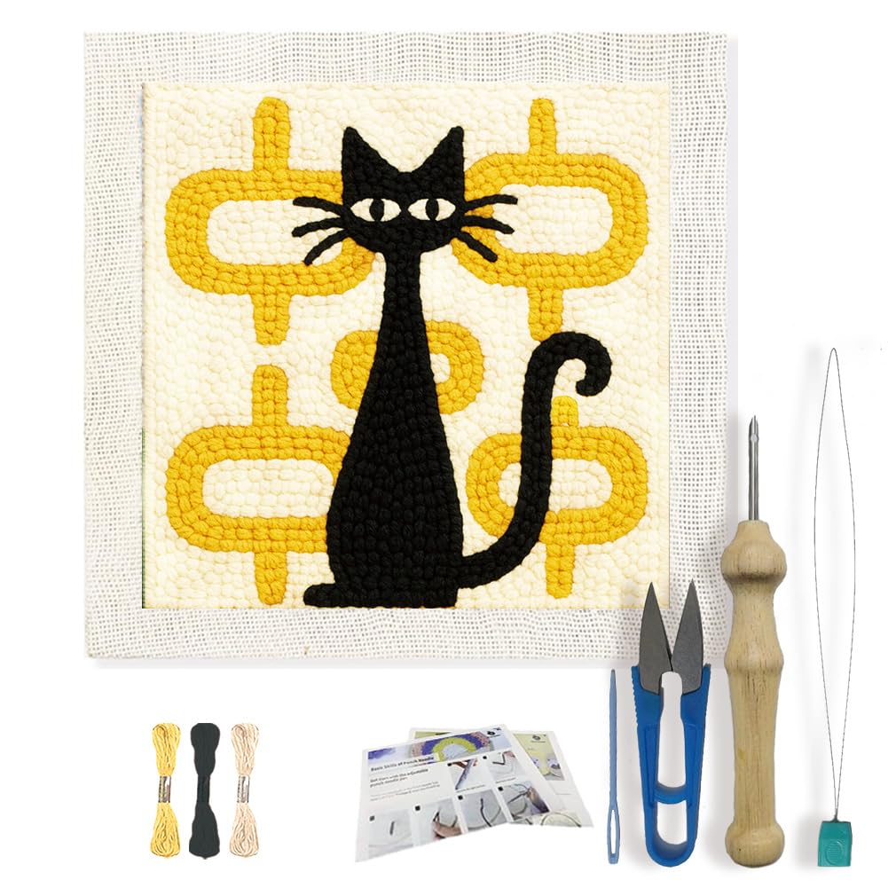 FREEBLOSS DIY Punch Needle Kit Abstract Cat Punch Needle Embroidery Wall Hanging Painting Punching Needles Starter Kit for Beginners with Complete Tools, Already Framed, 9.4x9.4inch
