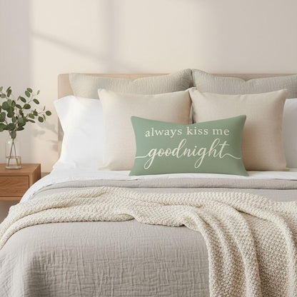 HERHOME Decorative Throw Pillow Cover 12x20 Inch, Always Kiss Me Goodnight Sage Green Lumbar Cushion Case for Bedroom Bed Sofa, Sweet Gifts for Couples Wedding Anniversary Spring Summer Home Decor