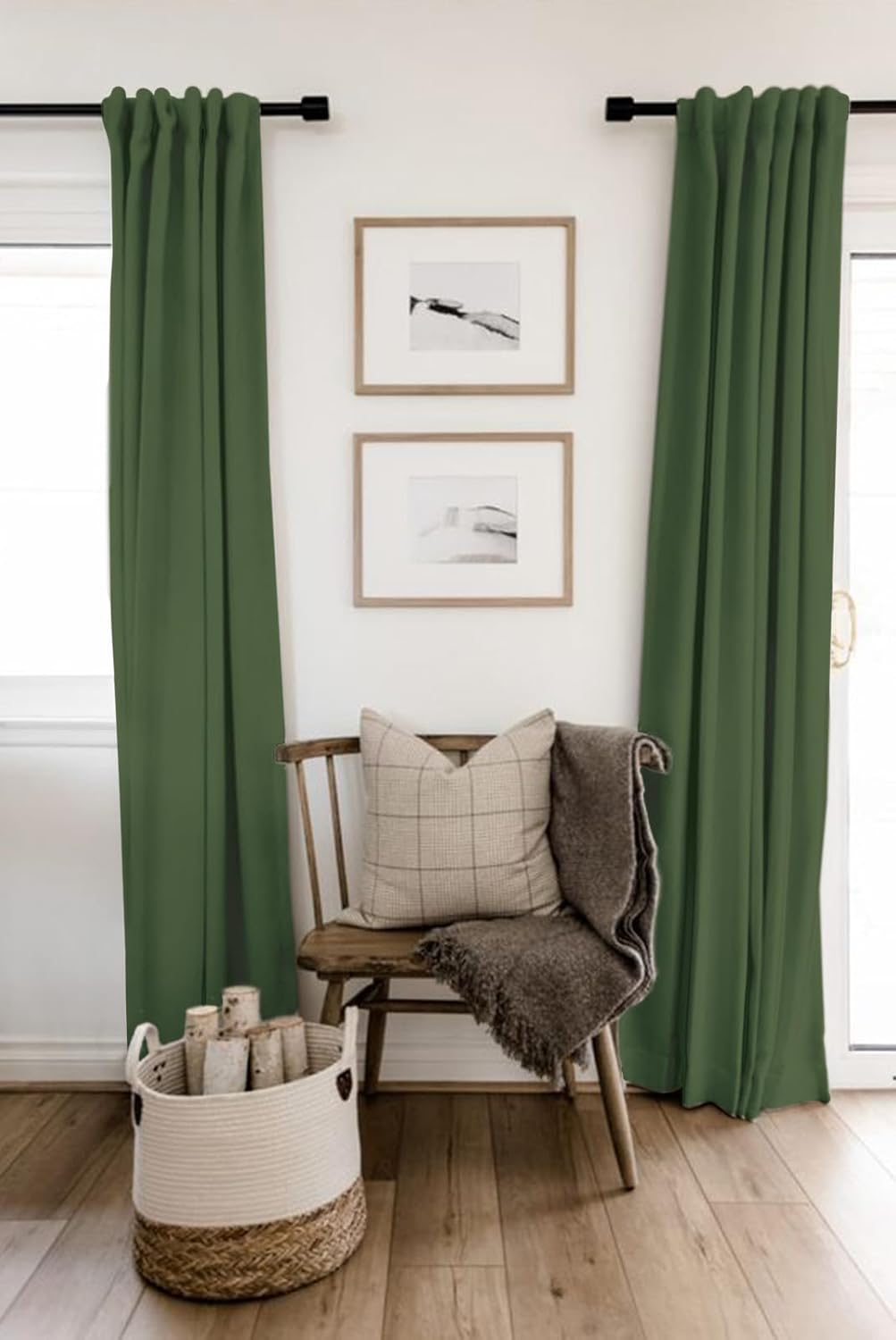 Skiennix 100% Blackout Linen Curtains - Thermal Insulated Drapes, 50" W x 72" L, Moss Green - 2 Panels Set