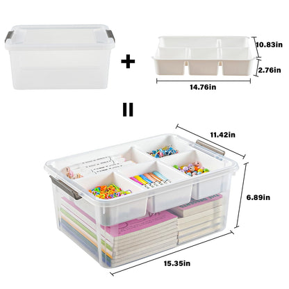 Stebopum 17 QT Plastic Storage Box with Removable Tray Art Supply Craft Organizers and Storage Stackable Storage Container for Organizing Bead, Tool, Sewing, Book, Crayon, Playdoh(Clear)