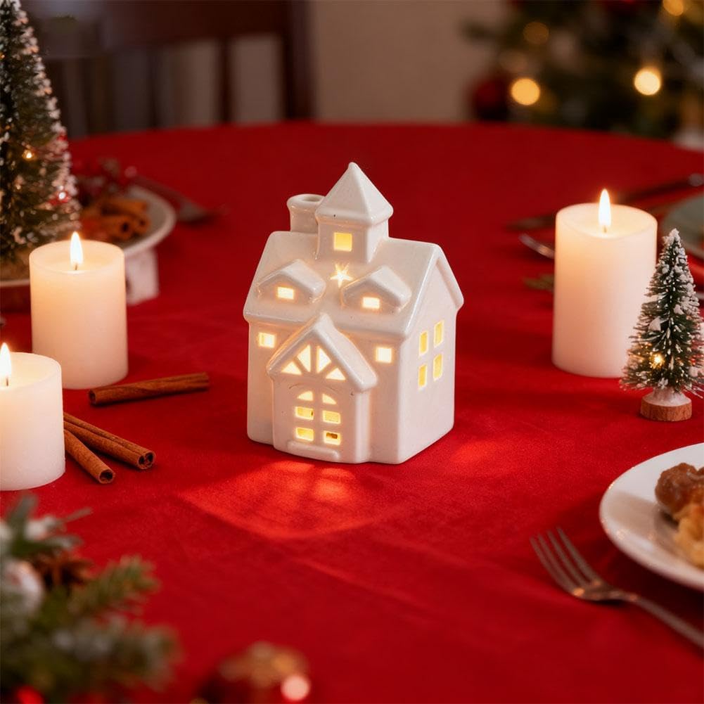 Skiennix Christmas Village House - Light Up White Ceramic Decor for Tabletop Centerpiece (Green)