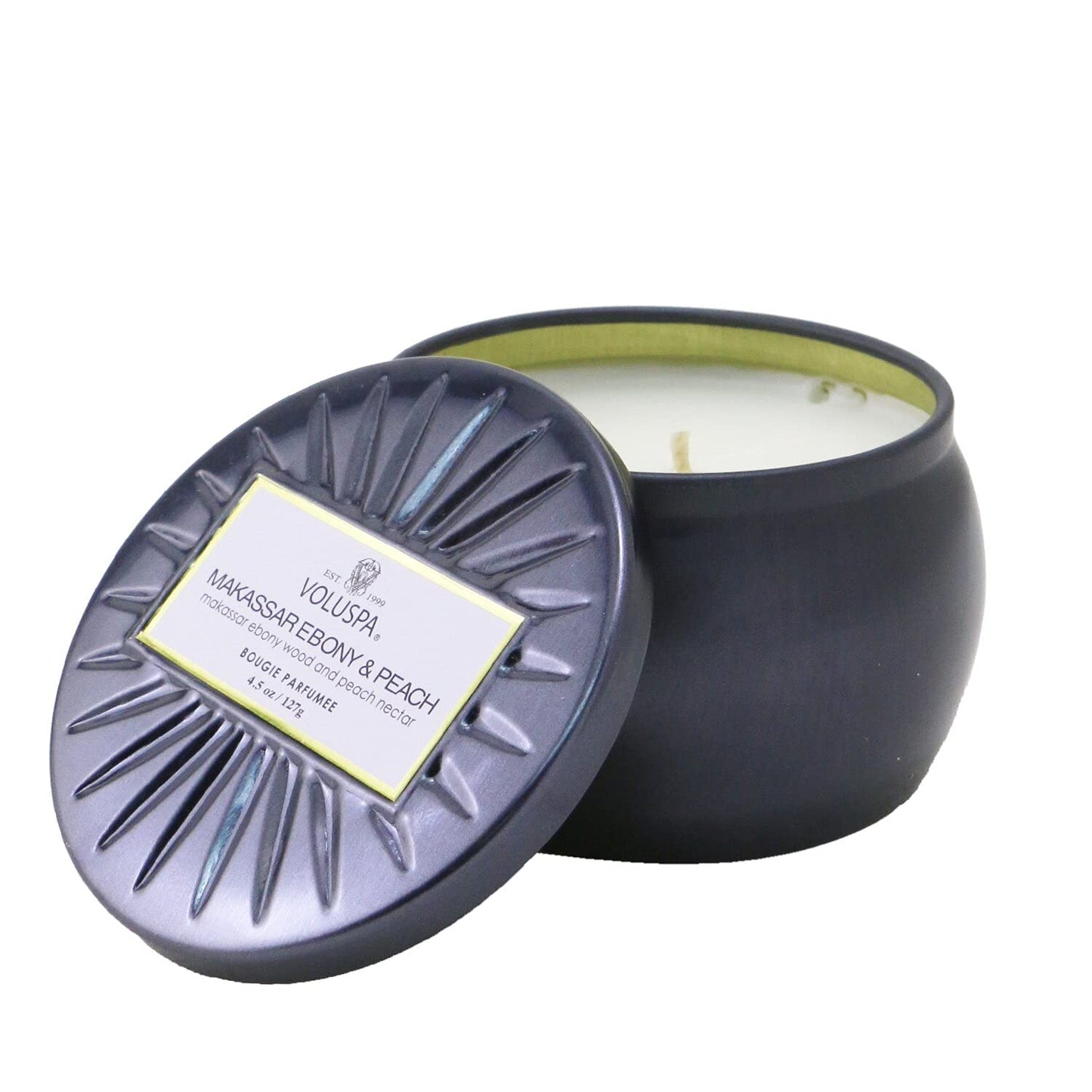 Voluspa Makassar Ebony & Peach Mini Tin Candle - 4 oz, 25 Hour Burn Time, Handcrafted in The USA