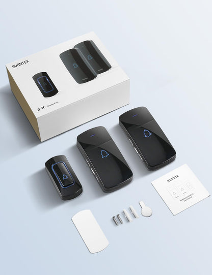 AVANTEK Wireless Doorbell D-3C, 1300 ft Long Range Door Chime Kit, 52 Melodies, Up to 115dB Volume and LED Flash with 2 Plug-In Receivers & 1 Push Button, Black