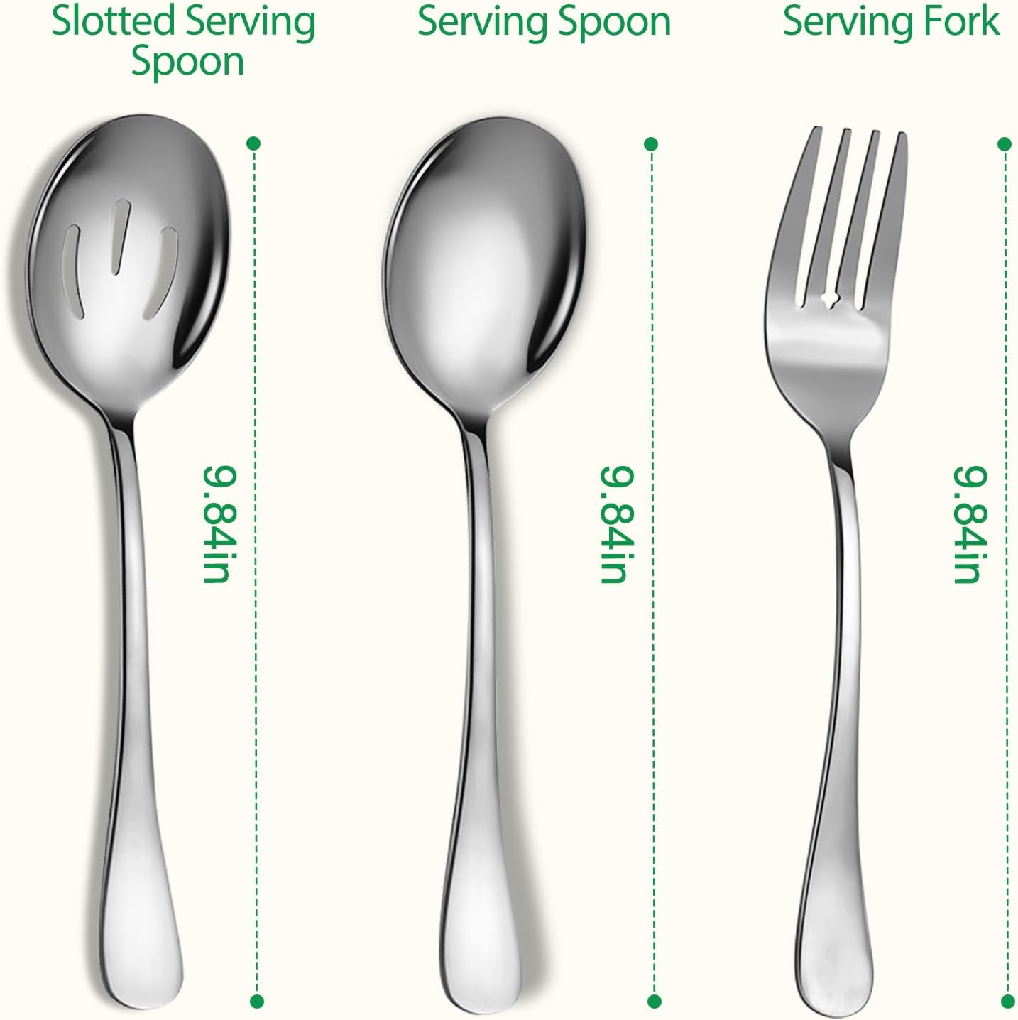 Large Stainless Steel Serving Utensils Set, 6 Pcs with 10" Serving Spoon, Slotted Spoons, Serving Forks, Dishwasher Safe