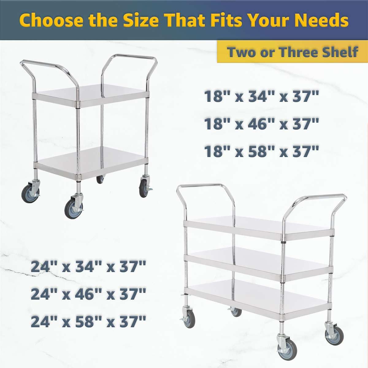 24" x 46" x 37" Stainless Steel Two Shelf Utility Cart - Commercial Heavy-Duty NSF Service Cart with Handles, Storage Rolling Shelving for Warehouse, Office, Food Service