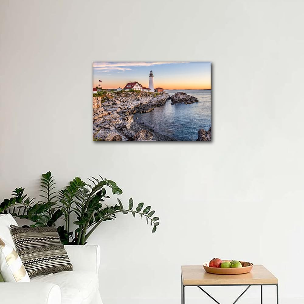 Sea Scape Pictures for Living Room Portland Lighthouse Artwork 1 Panel Canvas Giclee Modern House Decor Ready to Hang
