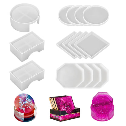 15 Pcs Coaster Resin Molds Silicone,Mold for Epoxy Resin Coaster Molds with Round Square Shape Holder Mold for Epoxy, for DIY Art Craft Cup Mats