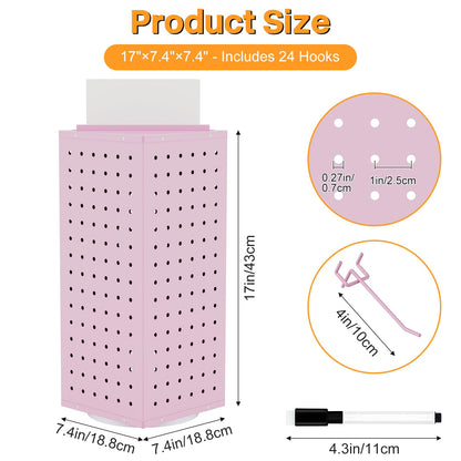 VACONICO Rotating Pegboard Display Stand with 24 Hooks, Tabletop Metal Peg Board Organizer for Craft Shows, Retail Stores, Vendors & Artists – 4-Sided Spinning Rack (Pink)