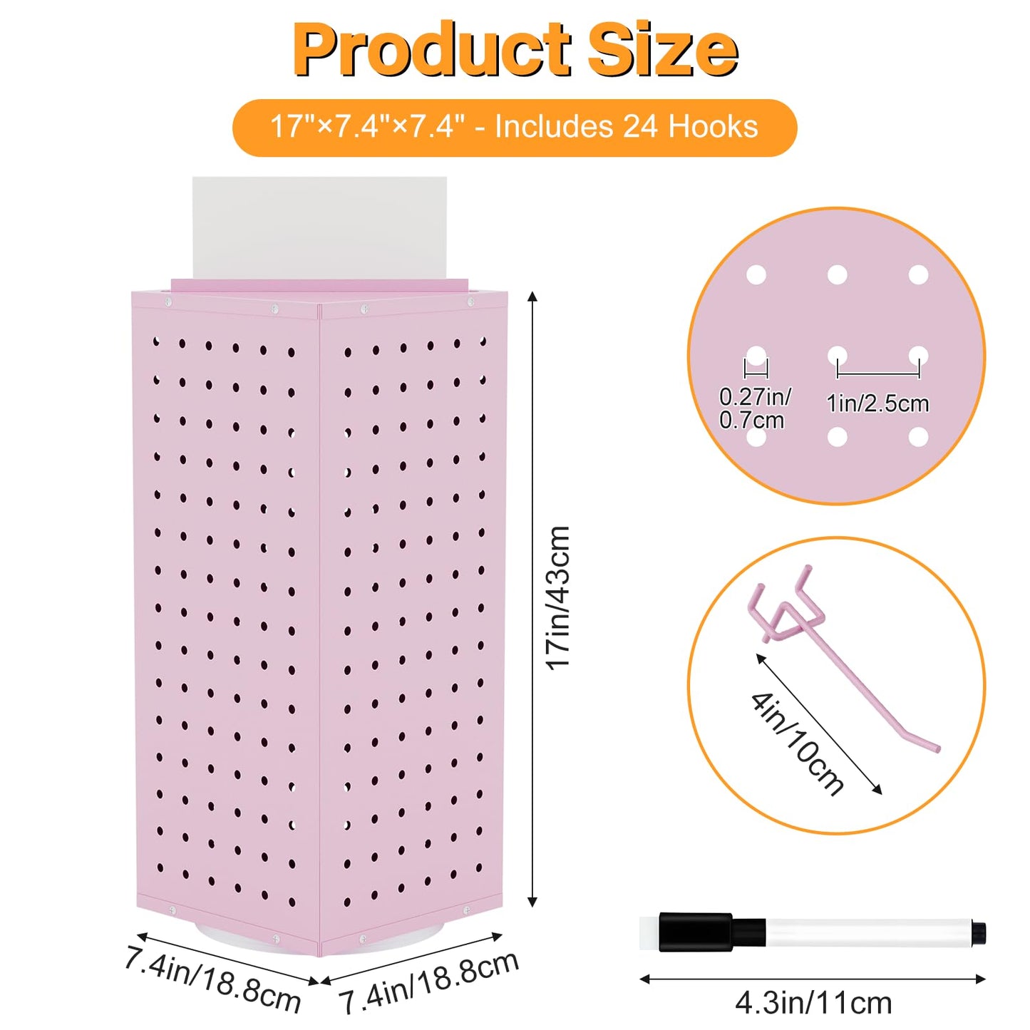 VACONICO Rotating Pegboard Display Stand with 24 Hooks, Tabletop Metal Peg Board Organizer for Craft Shows, Retail Stores, Vendors & Artists – 4-Sided Spinning Rack (Pink)